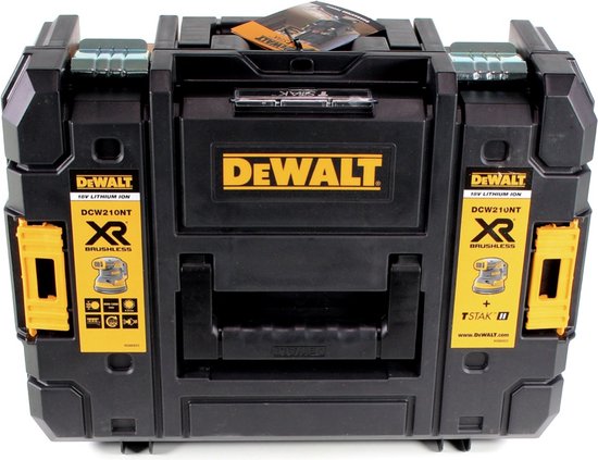 DeWalt TSTAK koffer met gele accenten en logo's, voor een 18V XR Brushless schuurmachine.