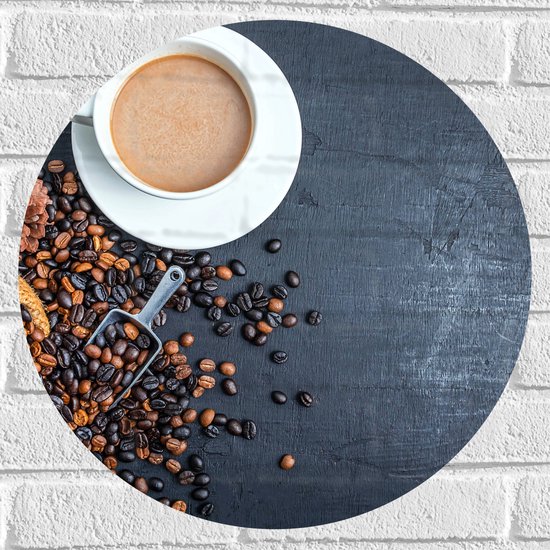 Muursticker Cirkel - Bovenaanzicht van Kop Koffie met Jutten Zak met Koffieboontjes - 50x50 cm Foto op Muursticker