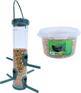 Vogel voedersilo groen/transparant kunststof 33 cm inclusief 4-seizoenen mueslimix vogelvoer - Vogel voederstation