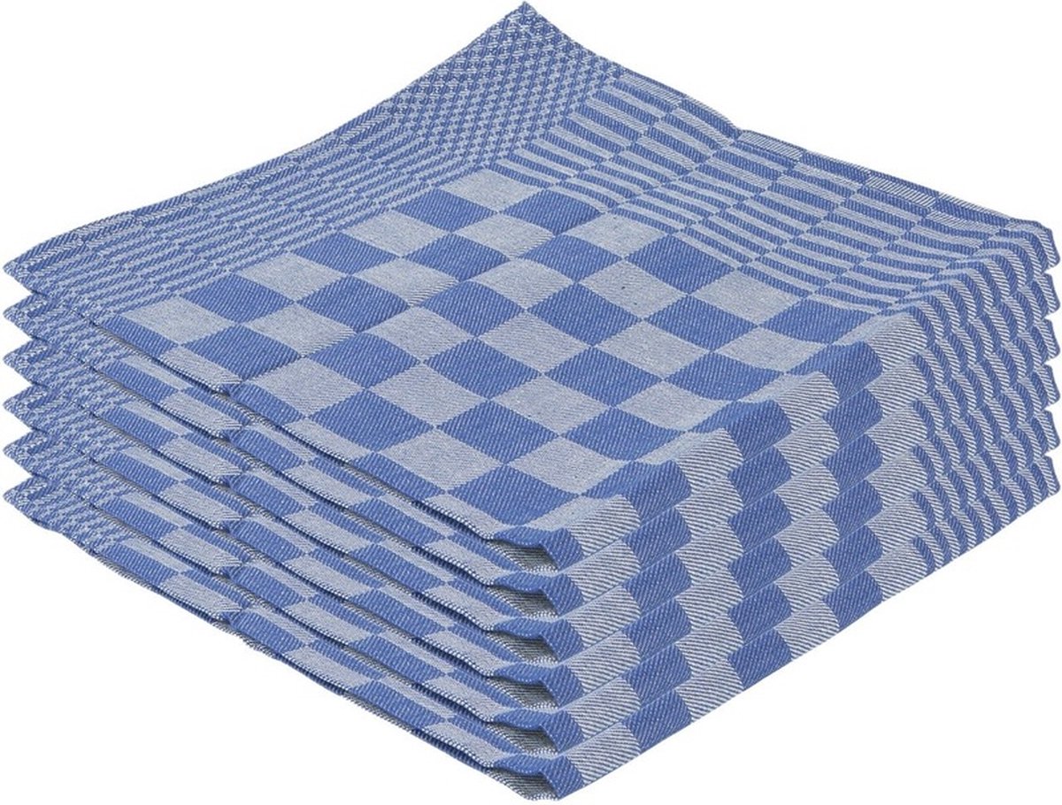 Theedoeken set - 6x stuks - blauw met blokmotief - 65 x 65 cm - Huishoudtextiel - Afdroogdoek - keukendoek - vaatdoek