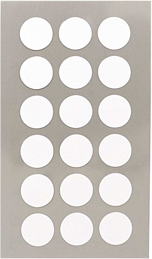 Une feuille de 15 autocollants ronds blancs de 15 mm sur fond gris.