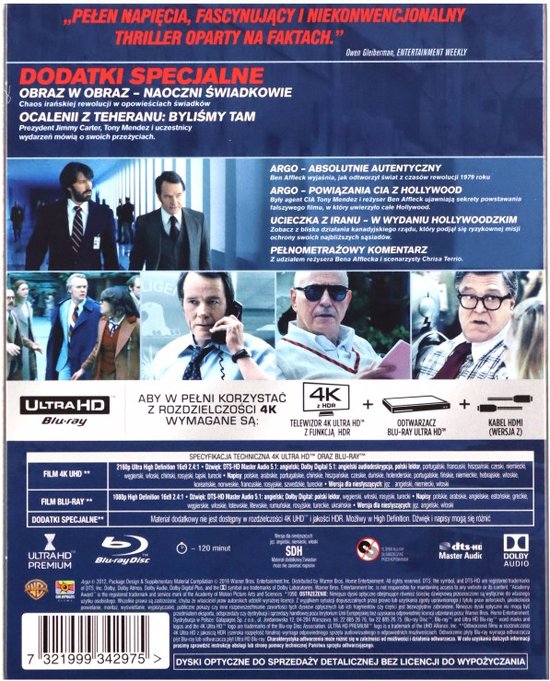 Achterkant van de Blu-ray hoes met filmdetails en afbeeldingen van scènes. Met "4K ULTRA HD" en "BLU-RAY" logo's.