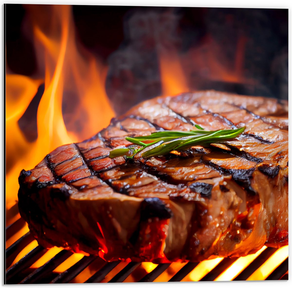 Dibond - Brandende Steak op Barbecue - 50x50 cm Foto op Aluminium (Met Ophangsysteem)