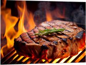 Acrylglas - Brandende Steak op Barbecue - 100x75 cm Foto op Acrylglas (Met Ophangsysteem)