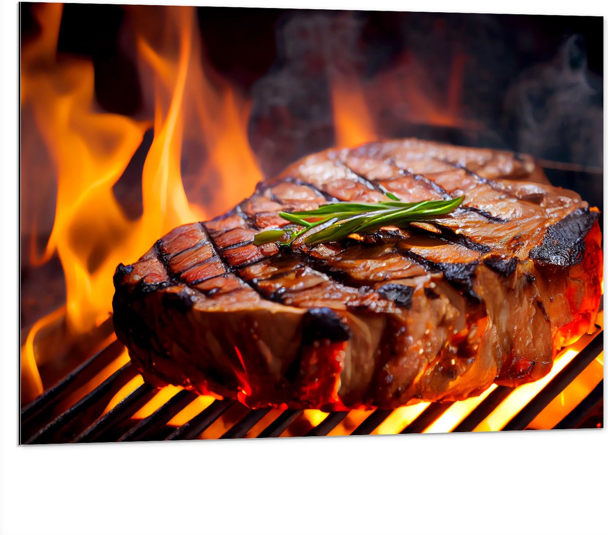 Dibond - Brandende Steak op Barbecue - 100x75 cm Foto op Aluminium (Met Ophangsysteem)