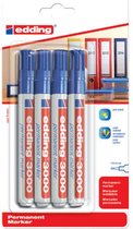 edding 3000/4 permanent marker - blauw - 4 stuks - ronde punt 1,5-3mm - sneldrogende permanent marker - water- en wrijfvast -voor karton, kunststof, hout, metaal - universele marker - alcoholstift