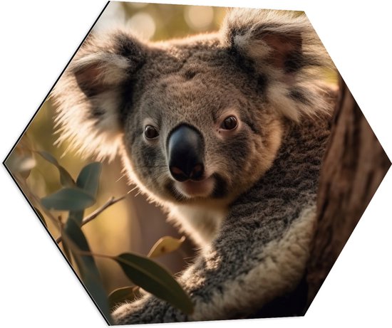 Dibond Hexagon - Nieuwsgierige Koala Vanachter Dikke Boom - 80x69.6 cm Foto op Hexagon (Met Ophangsysteem)