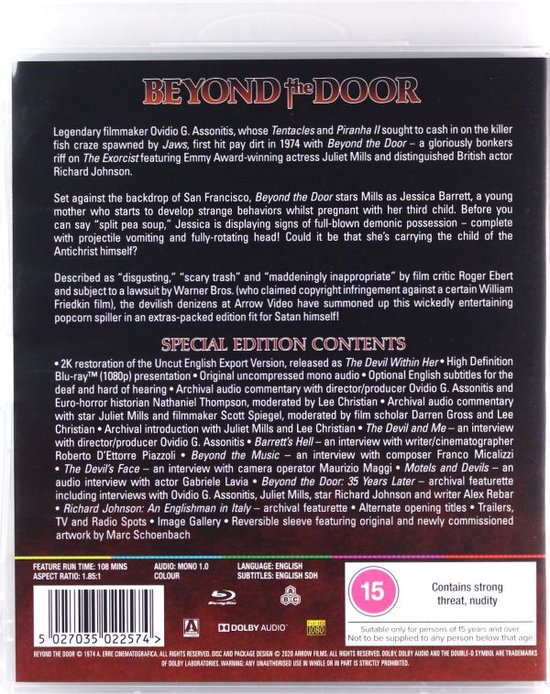 Achterkant van de Blu-ray hoes van 'Beyond the Door' met filminformatie, speciale extra's en logo's.
