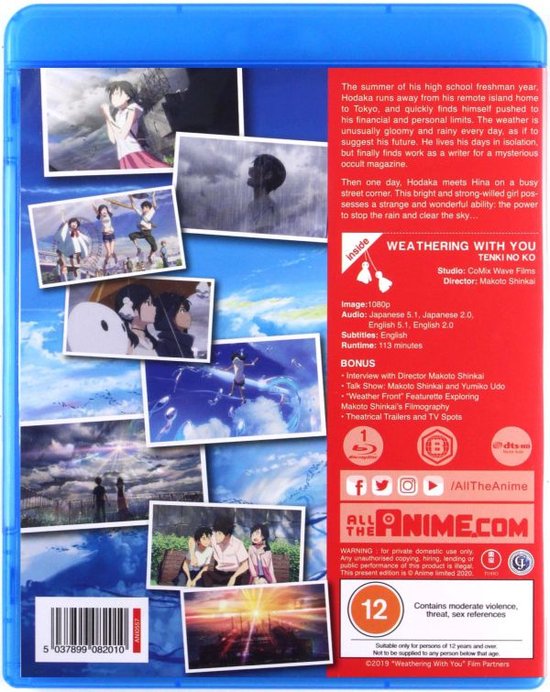 Achterkant van de Blu-ray hoes van Weathering With You met samenvatting, bonusfuncties en de cast.