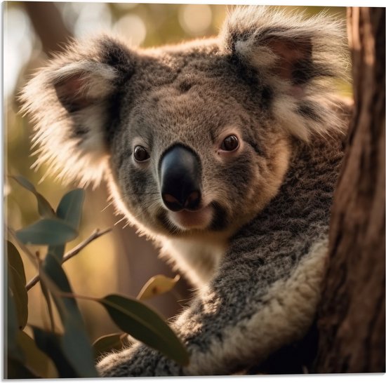 Acrylglas - Nieuwsgierige Koala Vanachter Dikke Boom - 50x50 cm Foto op Acrylglas (Wanddecoratie op Acrylaat)