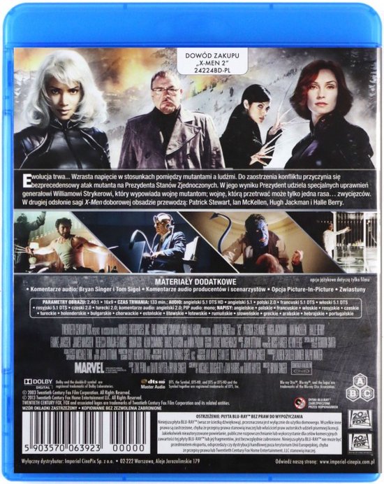 Blu-ray hoesje van X-Men 2 met op de voorkant Storm, Professor X, Mystique en Lady Deathstrike. Achterkant met cast en details.