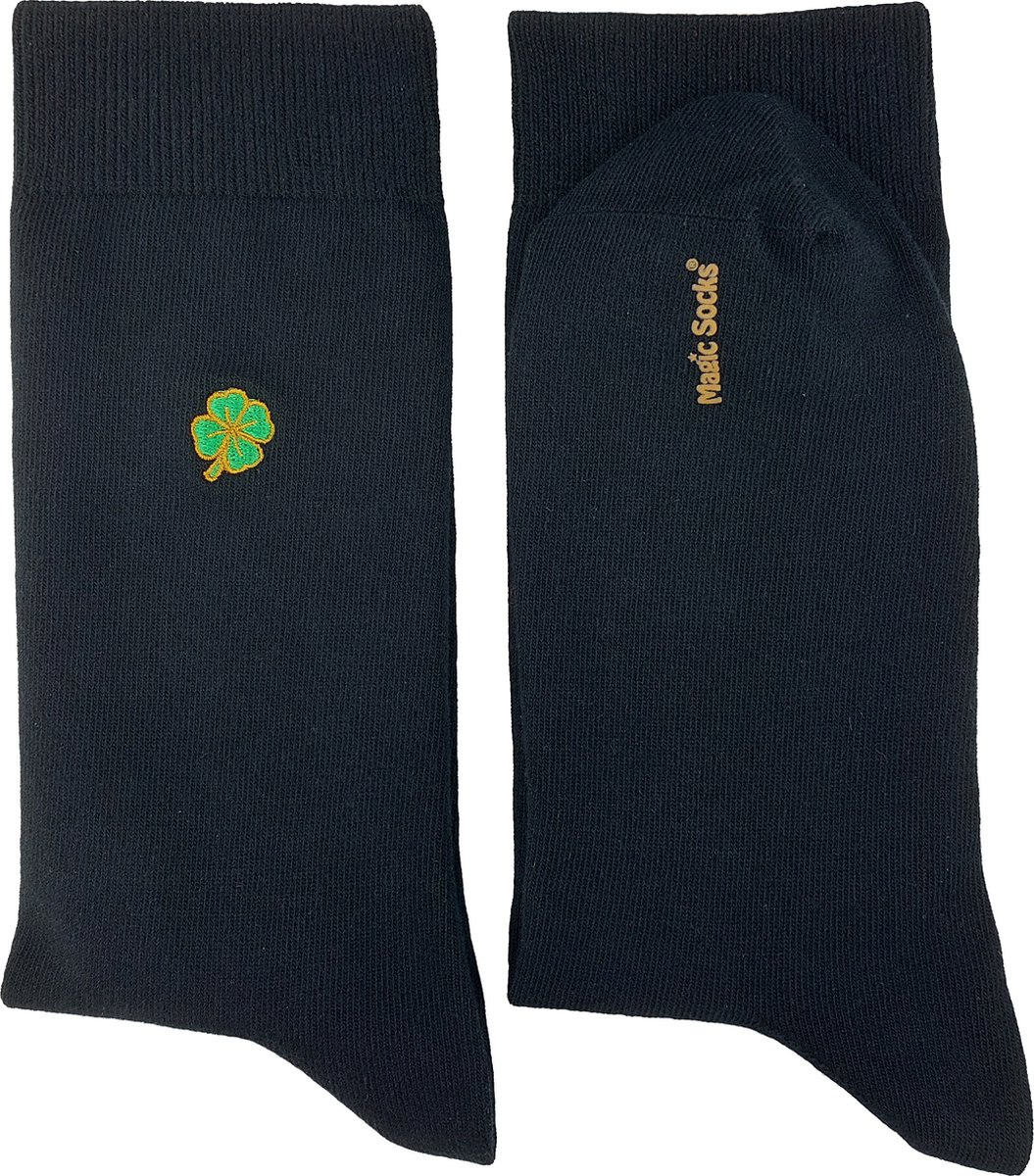 Magic Socks - Herensokken - zwarte sokken met klavertje vier borduurwerk – zacht en ademend
