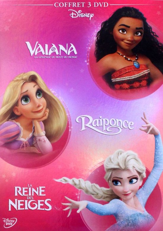 3 DVD boxset met Vaiana, Rapunzel en Elsa uit Frozen. Gekleurde achtergrond.