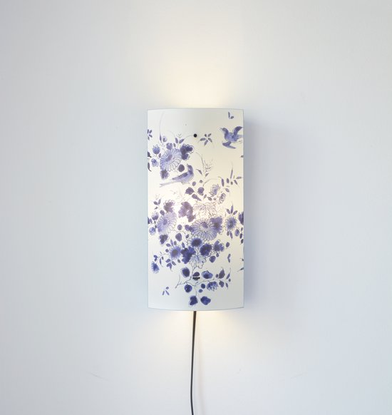 Packlamp - Wandlamp - Schaal met vogels en bloemen - Delfts blauw - 29 cm hoog - ø12cm - Inclusief Led lamp