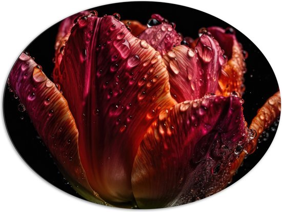 Dibond Ovaal - Druppels op Gedroogde Tulp tegen Zwarte Achtergrond - 108x81 cm Foto op Ovaal (Met Ophangsysteem)