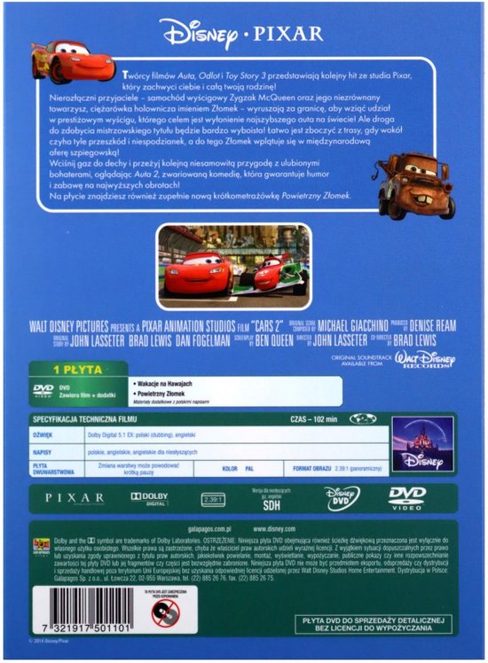 Achterkant DVD Cars 2 met Lightning McQueen en Takel in actie. Tekst in het Nederlands.