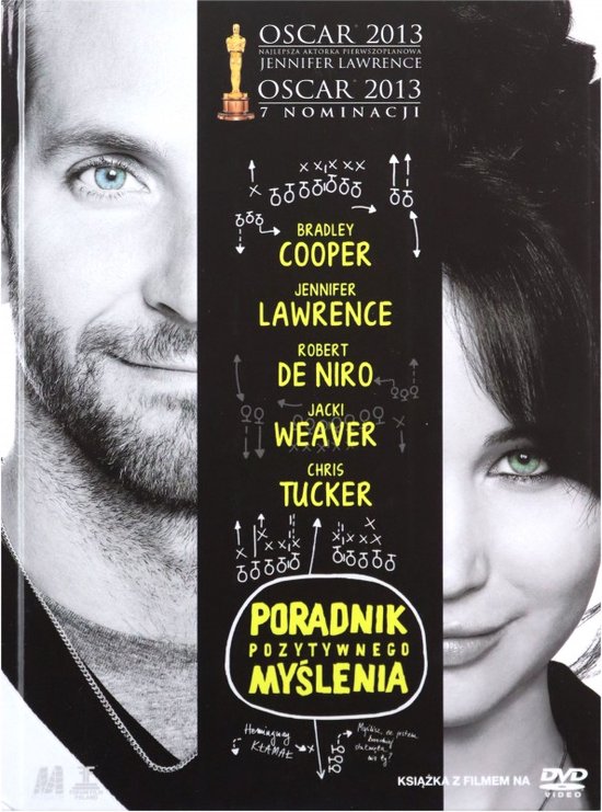 DVD-hoes met de gezichten van Bradley Cooper en Jennifer Lawrence, met de titel "Poradnik Pozytywnego Myslenia" en spelersnamen.