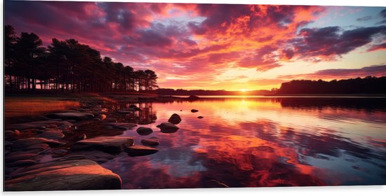 Dibond - Kleurrijke Zonsondergang bij Groot Meer - 100x50 cm Foto op Aluminium (Wanddecoratie van metaal)