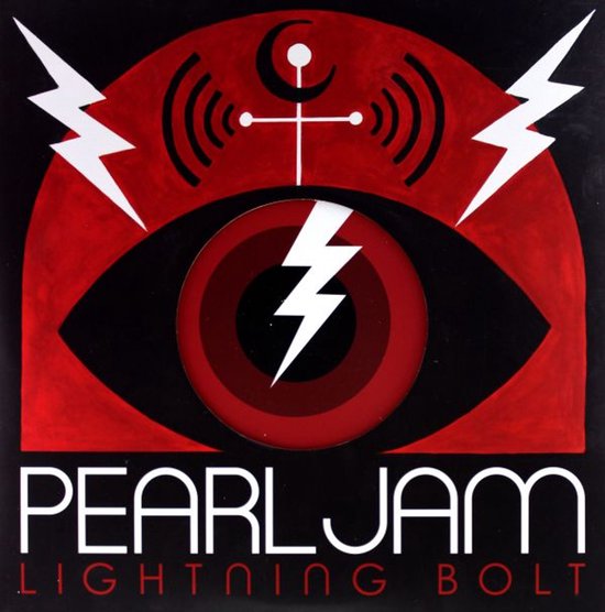 Artwork van de Pearl Jam 'Lightning Bolt' LP: een rood-zwart oog met bliksemschichten, symbolen en de tekst PEARL JAM LIGHTNING BOLT.