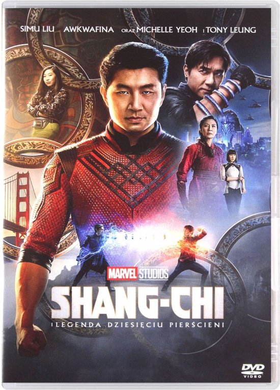 Shang-Chi en de Legende van de Tien Ringen DVD-hoes met de cast, waaronder Simu Liu en Tony Leung.