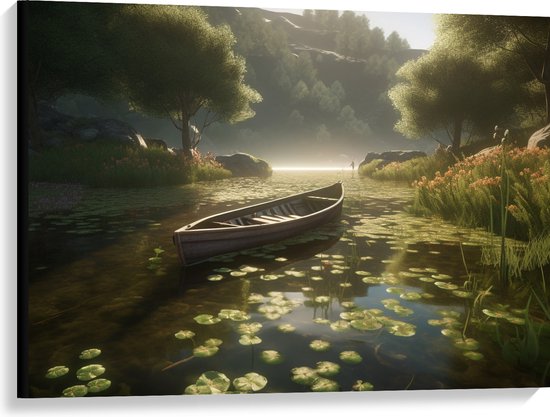 Canvas - Houten Bootje op het Water tussen de Bomen - 100x75 cm Foto op Canvas Schilderij (Wanddecoratie op Canvas)