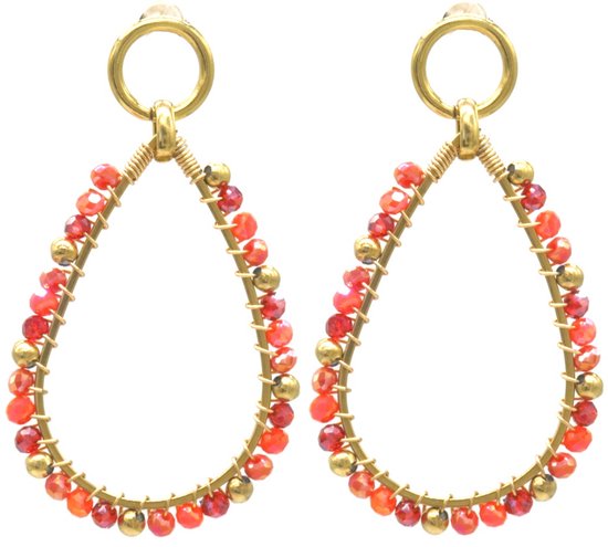Boucles d'oreilles avec perles de verre - Boucles d'oreilles pendantes - Acier inoxydable - 5,5x3 cm - Oranje et Rouge