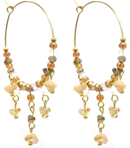 Boucles d'oreilles avec perles de verre - Boucles d'oreilles pendantes - Acier inoxydable - 4x5,5 cm - Marron