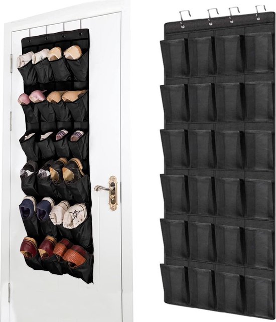 Opknoping schoenenrek, 24 zakken opknoping opbergzak, boven de deur, muur opknoping kast, zwart grote mesh zakken voor slaapkamer woonkamer badkamer