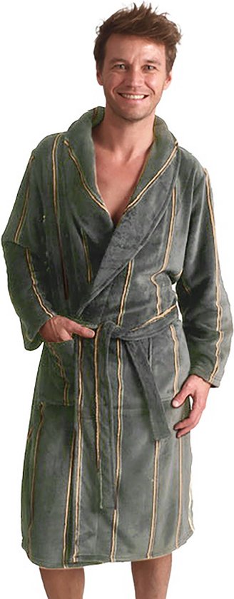 Groene badjas heren - strepen - fleece badjas - kamerjas - warme badjas - zacht - cadeau voor hem - maat M