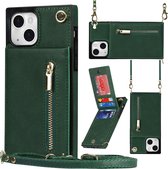 Geschikt Voor iPhone 15 Hoesje Met Koord - Solidenz Portemonnee - Telefoonhoesje Met Koord - Wallet Case - Cover Hoes Met Koordje - Backcover Met Koord - Groen