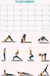 Kalender met 9 yoga poses in blauwe sportkleding voor september.