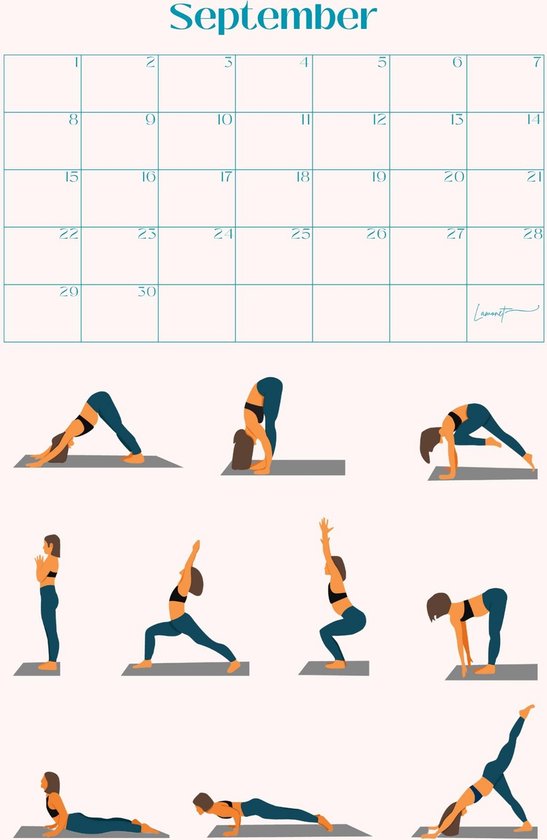 Kalender met 9 yoga poses in blauwe sportkleding voor september.