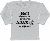 Amsterdam Kinder t-shirt | Hé!!!! Opa en ik proberen AJAX te kijken..." | Verjaardagkado | verjaardag kado | grappig | jarig | Amsterdam | Ajax | cadeau | Cadeau | Kado | Kadootje | wit/zwart | Maat 86