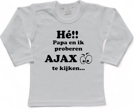 Amsterdam Kinder t-shirt | Hé!!!! Papa en ik proberen AJAX te kijken..." | Verjaardagkado | verjaardag kado | grappig | jarig | Amsterdam | Ajax | cadeau | Cadeau | Kado | Kadootje | wit/zwart | Maat 80
