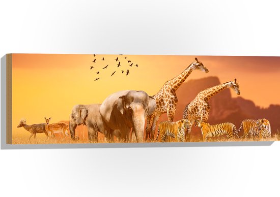 Hout - De Dieren van het Afrikaanse Landschap - 90x30 cm - 9 mm dik - Foto op Hout (Met Ophangsysteem)
