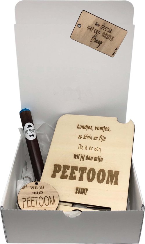 Geschenkbox Wil jij mijn PEETOOM zijn? | blauw | gsm-houder | sigaar | sleutelhanger | peter vragen | meter worden | peetoom vragen | peetoom worden | cadeau | doosje met een vraag