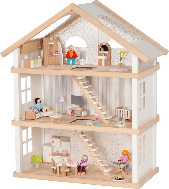 Gedecoreerd houten poppenhuis met meubels en poppen op alle drie de verdiepingen.