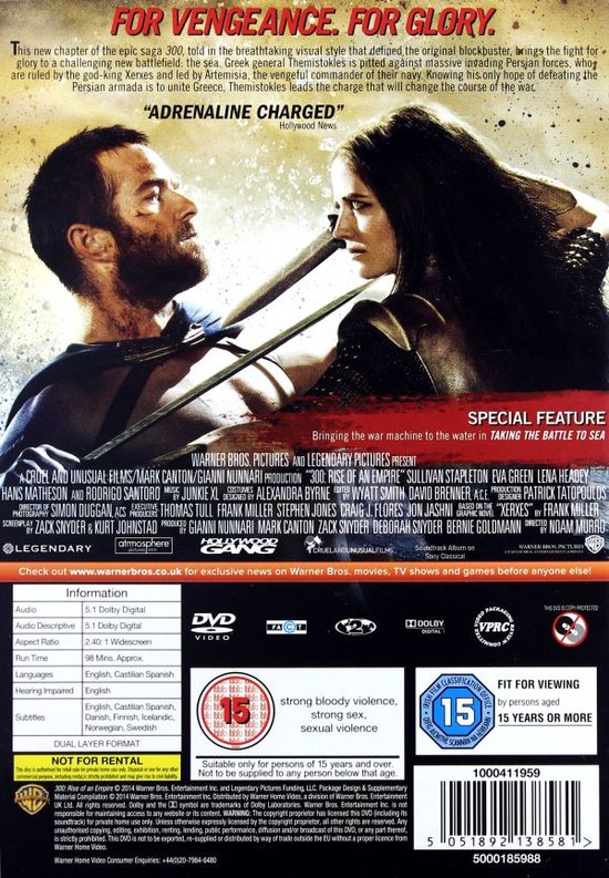 DVD-hoes van '300: Rise of an Empire' met op de voorkant een man en vrouw met wapens. Tekst: 'ADRENALINE CHARGED'.