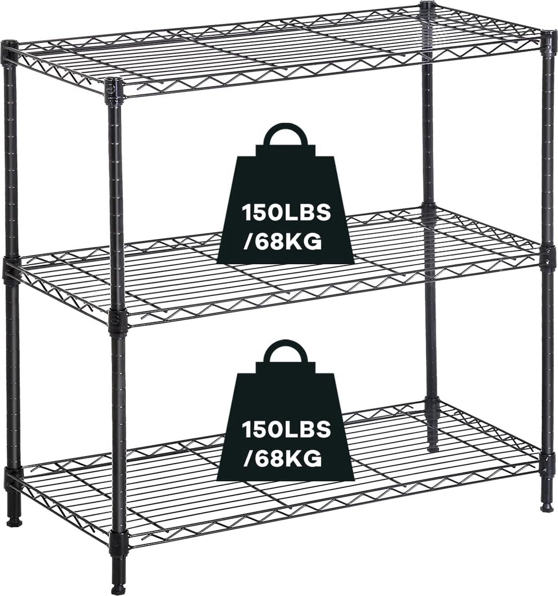 Opbergplank met 3 planken, zware plank met in hoogte verstelbaar rek en verstelbare stelpoten, kleine staande plank, metalen plank op keuken, kelder, badkamer, opslagruimte, maximaal gewicht