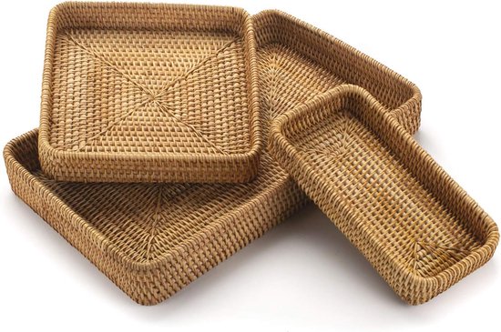 Set of 3, Rattan Tray, Rectangular Wicker Tray, Natural Woven Decorative Serving Baskets for Organizing Tabletop Countertop