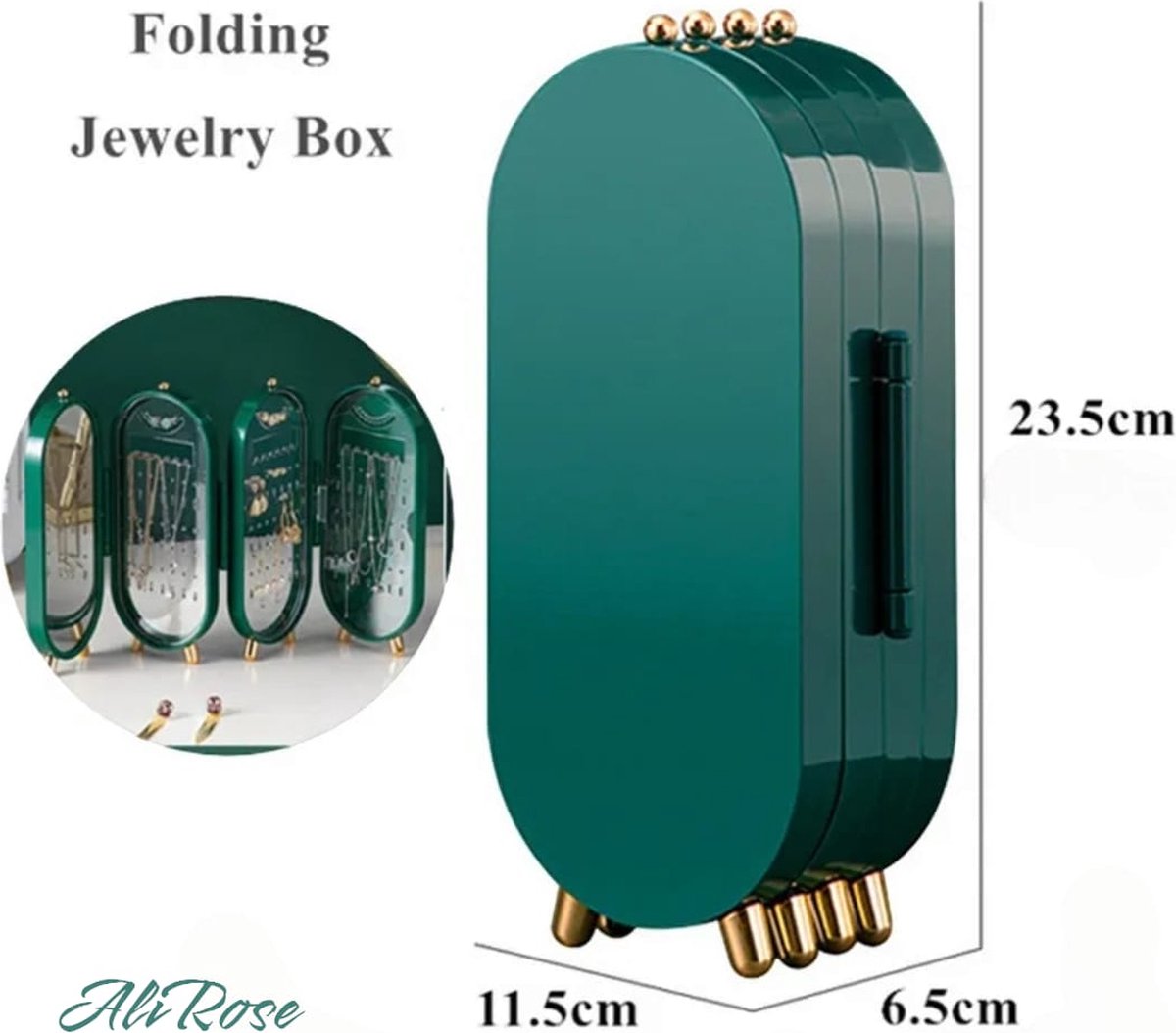 AliRose - Luxe Juwelendoos - Green / Groen - Compact Design - Met Ingebouwde Spiegel - Sieraden Organisator - Perfect Cadeau