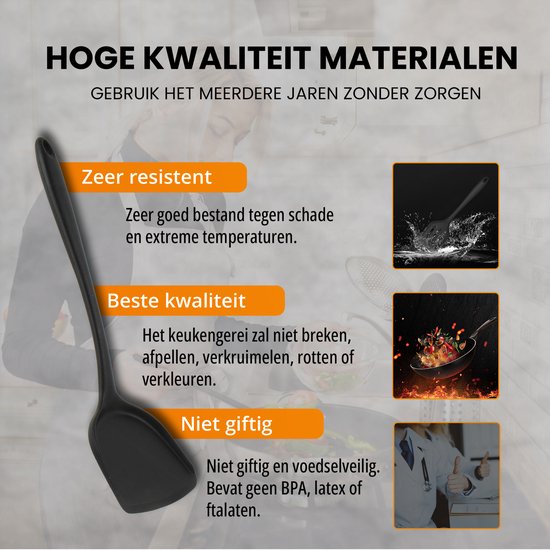 Zwarte spatel gemaakt van hoogwaardig siliconen, bestand tegen hitte en vlekken.