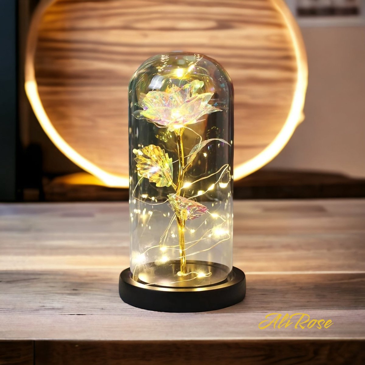 AliRose - Eeuwige Roos - Diamond Crystal - In Glazen Stolp - LED - Zwarte Bodem