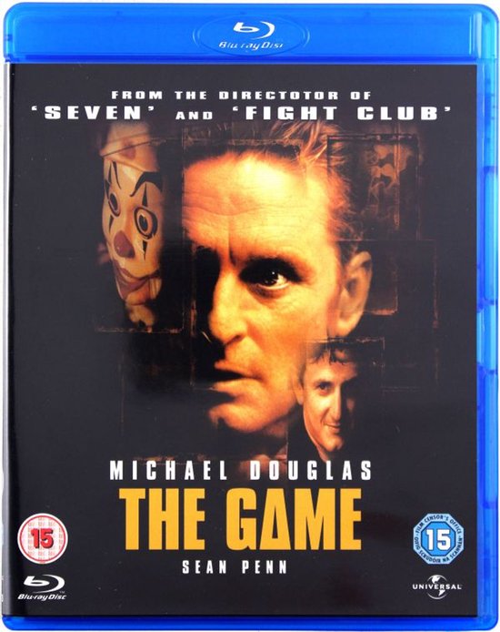 Blu-ray hoes van de film The Game met Michael Douglas en Sean Penn. Een clown gezicht en twee portretten van Michael Douglas.
