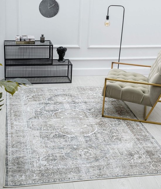 Tapis d'intérieur style Vintage utilisé en Grijs- Marron 80x150 cm - Rectangle - Poils ras - Lavable - Sous-couche en coton - Style Oriental - Tapis ZEN par The Carpet