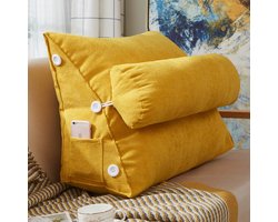 Leeskussen - Kussen voor lezen - Voor in Bed en Bank - Rugkussen - Boekenkussen met Kussenrol - Comfortabel Leeskussen - Bookseat - Meditatiekussen - Rugkussen onderrug - Geel