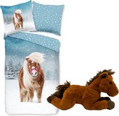 Dekbedovertrek Pony in sneeuw- flanel- paard- 140x200/220- incl. knuffel paardje 32 cm.