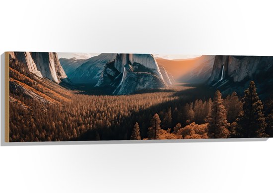 Hout - Bergen - Bomen - Zonsondergang - 120x40 cm - 9 mm dik - Foto op Hout (Met Ophangsysteem)