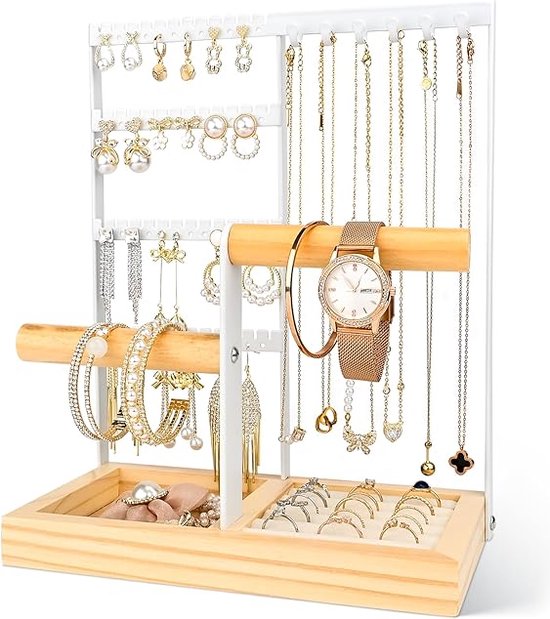 Sieradenstandaard sieradenhouder, kettingstandaard sieraden, 4-bar sieradenstandaard, kettingstandaard sieraden, sieradenstandaard hout voor kettingen, ringen, armbanden, horloges, wit