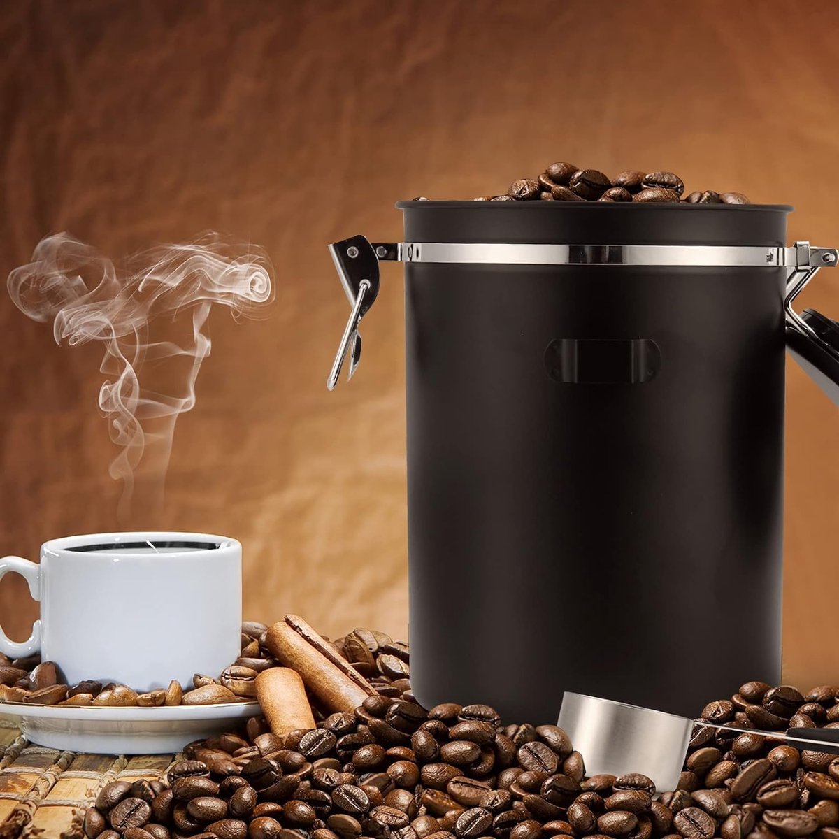 Towviy Koffieblik luchtdicht van roestvrij staal, 1,8 l, koffieblik met lepel, borstel en tijdregistratie, opslag koffiebonen, vacuüm, koffieblik voor koffiebonen, poeder, thee